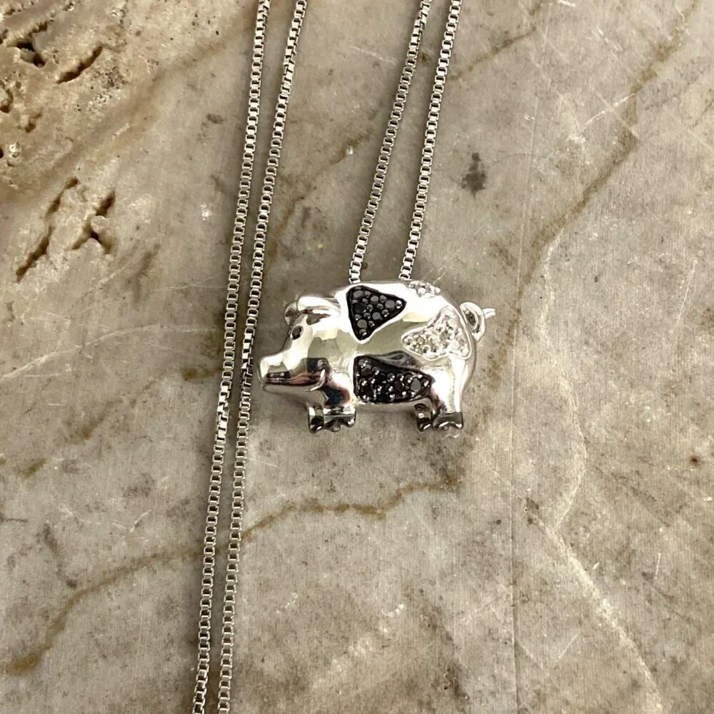 Sterling Silver 925 Black & White Diamond Pig Piggy Piglet Pendant Necklace 18